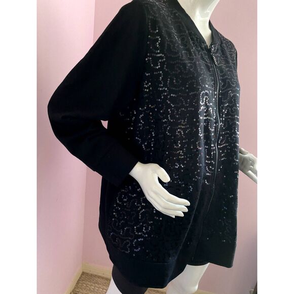 QUACKER FACTORY Sequin Swirl Terry Bomber Jacket-1X Black - Picture 3 of 11